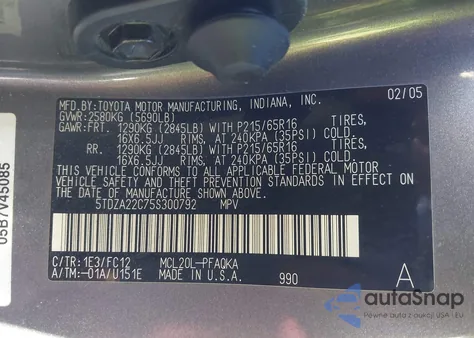 2005 Toyota Sienna Xle from USA, damaged, VIN 5TDZA22C75S300792